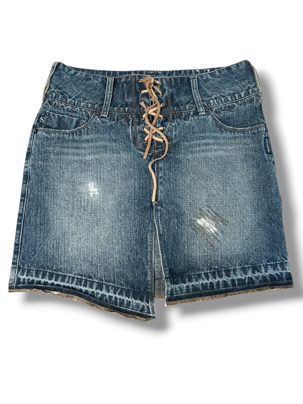 Silver Jeans Blue Denim Jean Skirt with Leather Lace Up Size 29